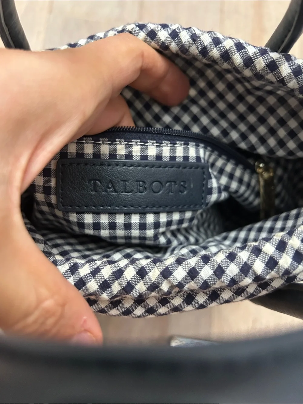 Talbots Navy Woven Tote with Black Faux Leather Handles and gingham lining
